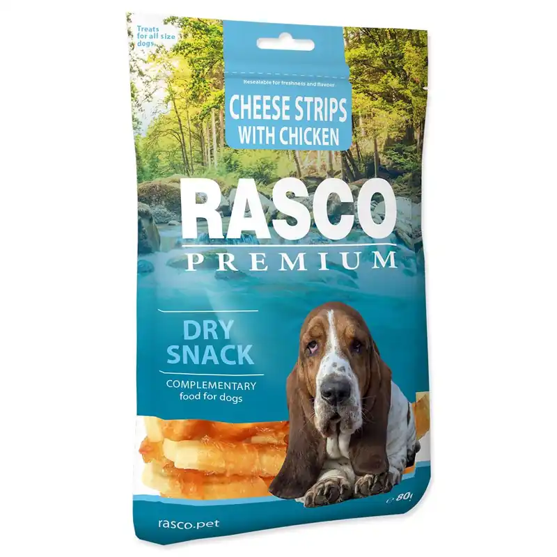 Odeslání Ihned Pochoutka RASCO Premium proužky sýru obalené kuřecím masem (80g)