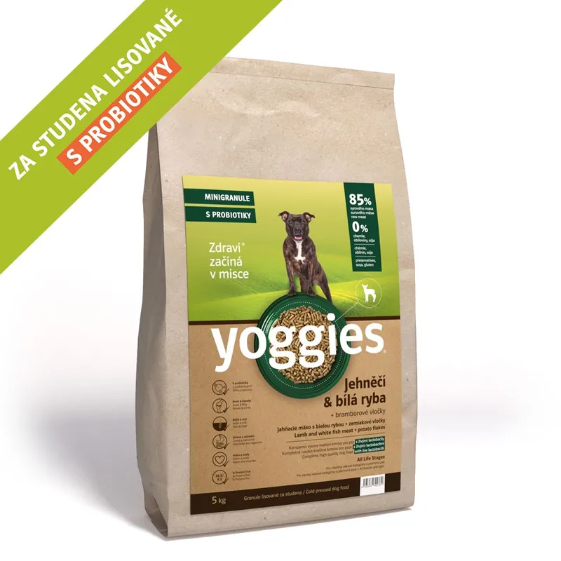 5kg, MINIGRANULE Yoggies, jehněčí a bílá ryba, granule lisované za studena s probiotiky Akční Cena