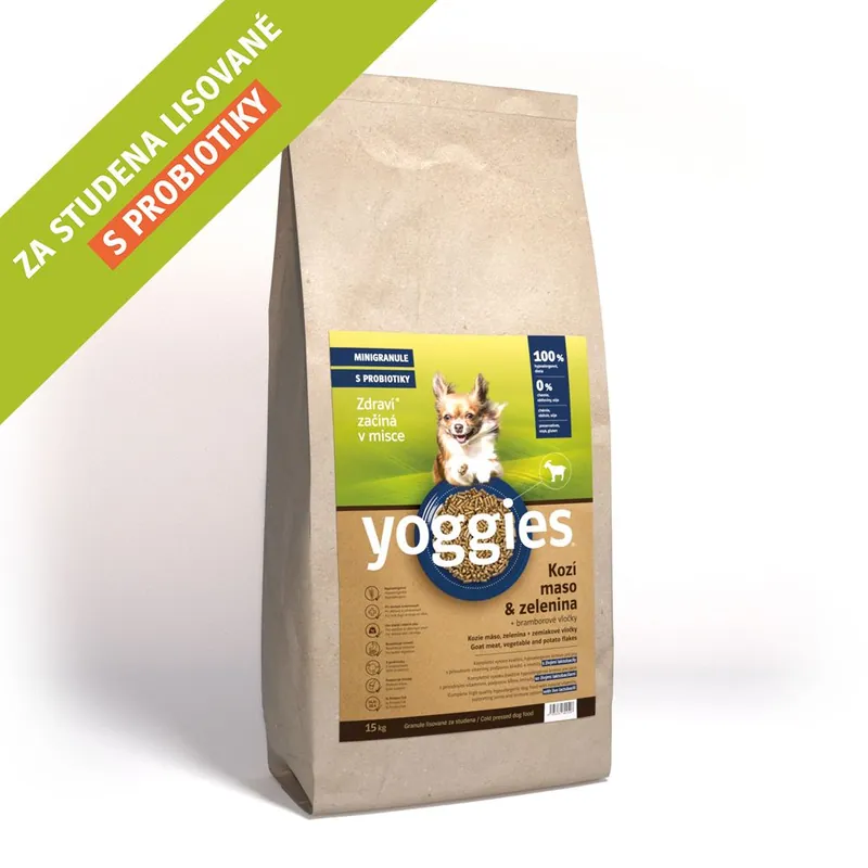 15kg Yoggies Kozí maso&zelenina, hypoalergenní minigranule lisované za studena s probiotiky Sleva