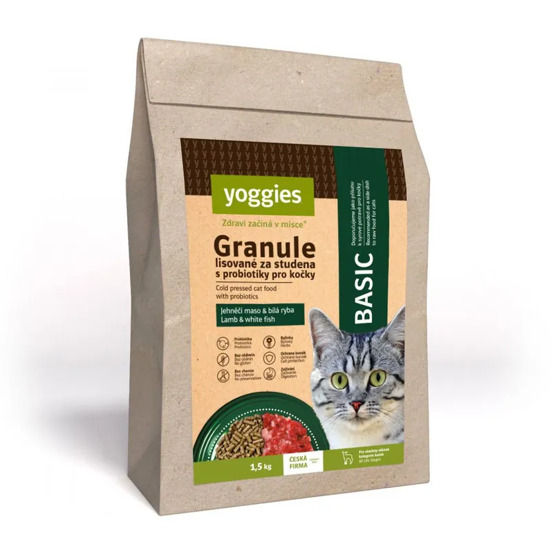 1,5kg Yoggies Cat "Basic" Granule pro kočky, lisované za studena s probiotiky Top Prodej