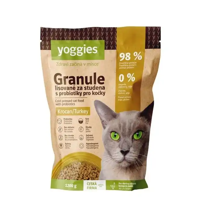 1,2kg Yoggies Granule pro kočky s krocaním masem, lisované za studena s probiotiky Víkendová Akce