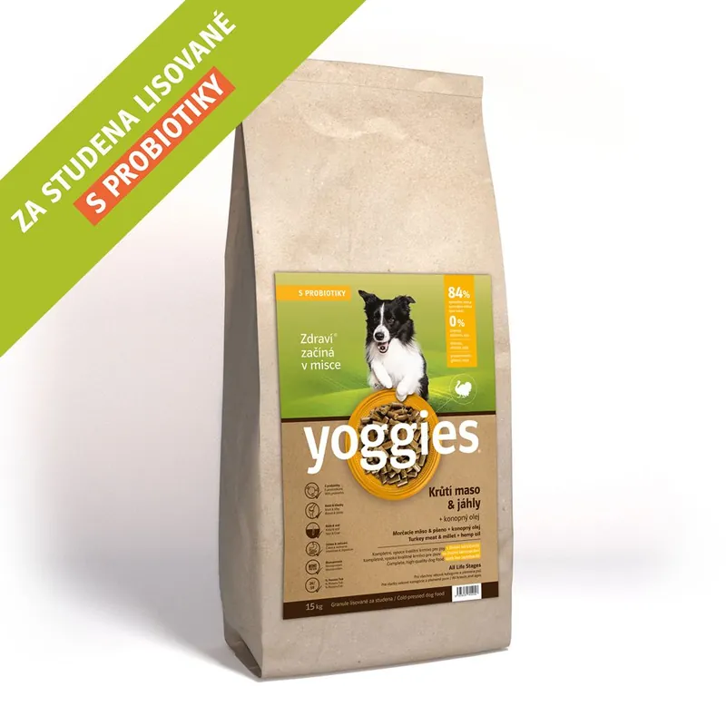 Výhodná Nabídka 15 kg, Yoggies Krůtí maso&jáhly, granule lisované za studena s probiotiky