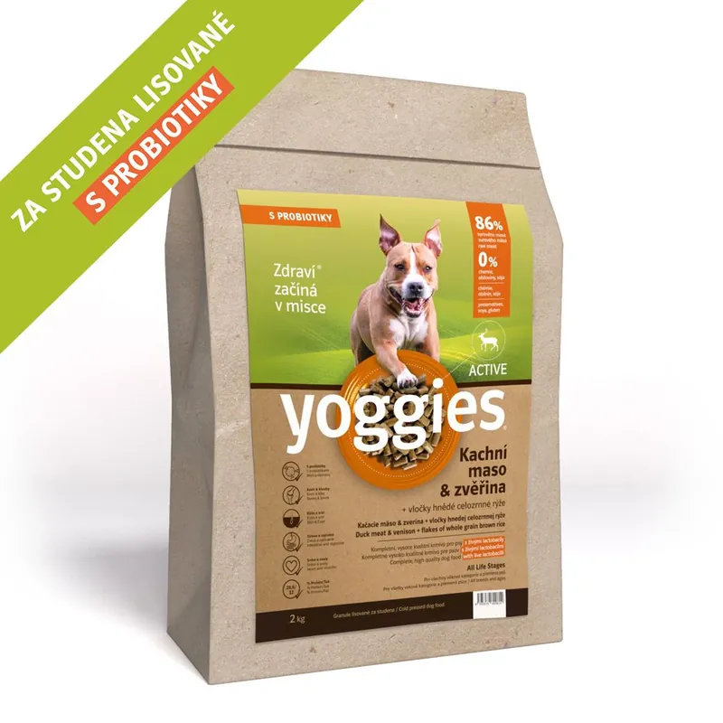 2 kg, Yoggies Active kachna a zvěřina, granule lisované za studena s probiotiky Levný