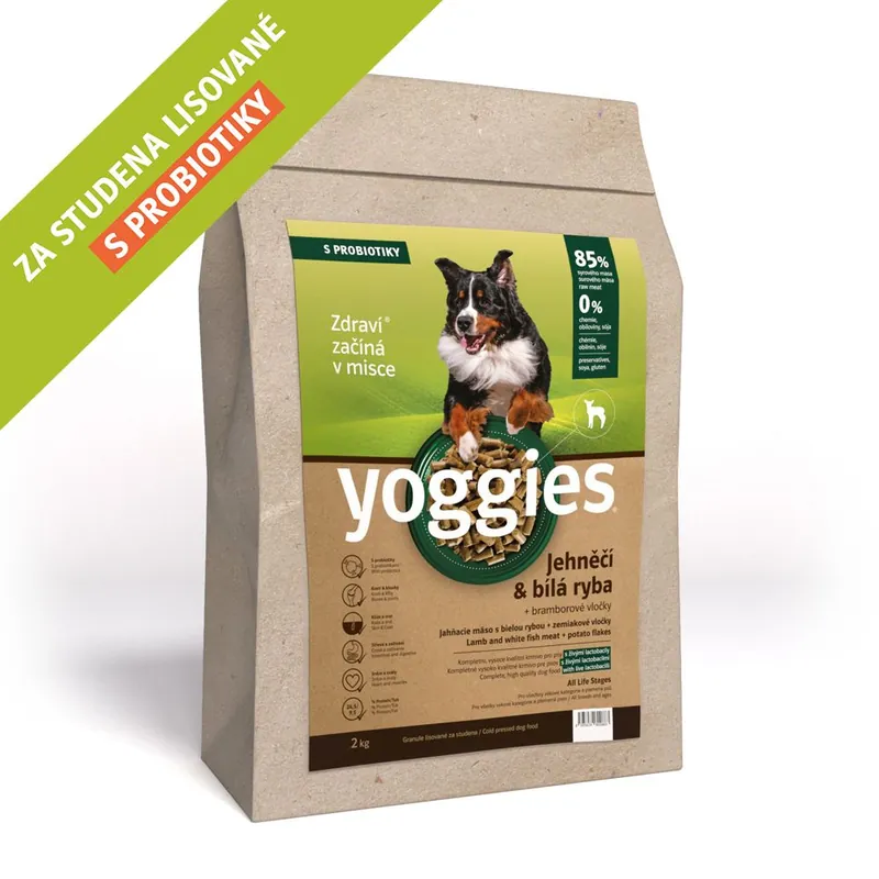 Kup Teď 2kg, Jehněčí a bílá ryba, granule lisované za studena s probiotiky Yoggies