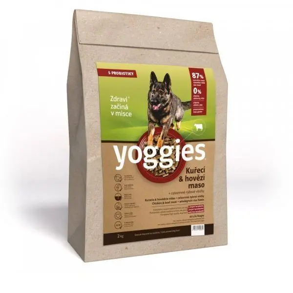 2kg, Kuřecí a hovězí maso, granule lisované za studena s probiotiky Yoggies Omezená Nabídka