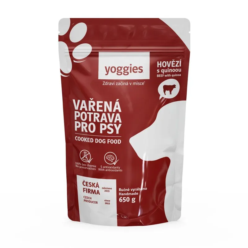 Cenová Bomba 650g Yoggies Vařená potrava pro psy – hovězí maso s quinoou