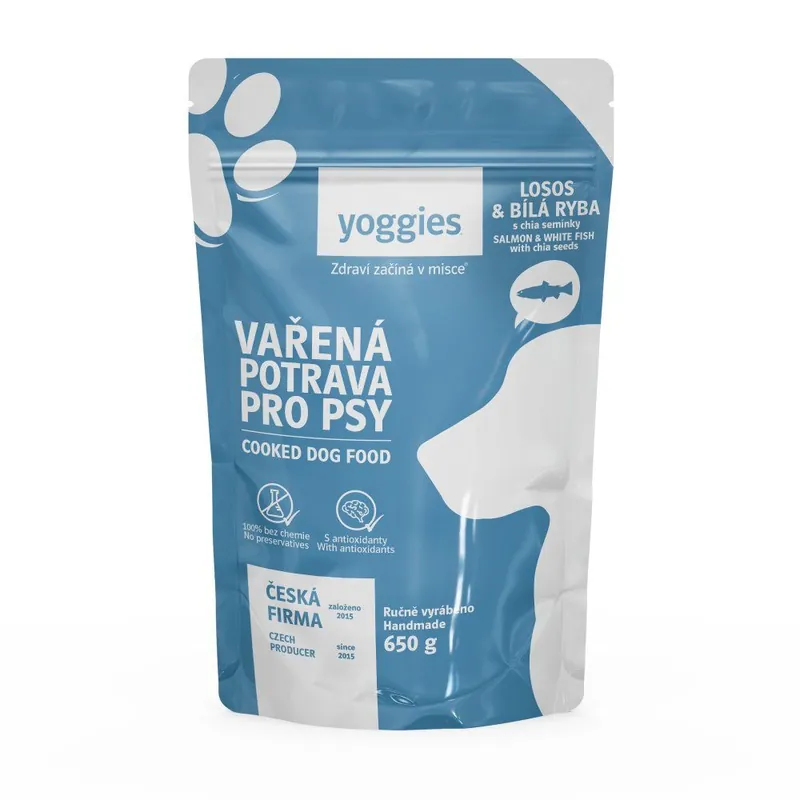 650g Yoggies Vařená potrava pro psy – losos a bílá ryba s chia semínky Sezónní Sleva
