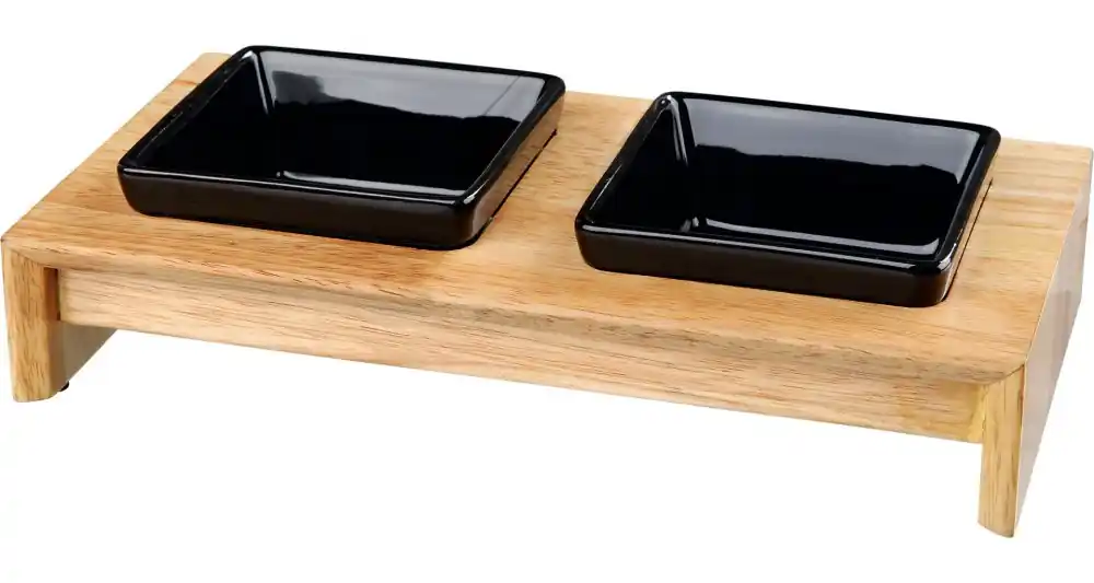 Nejlepší Volba Dřevěný bar, 2x keramická čtyřhranná miska, á 0,2 l / 10 x 10 cm, černá