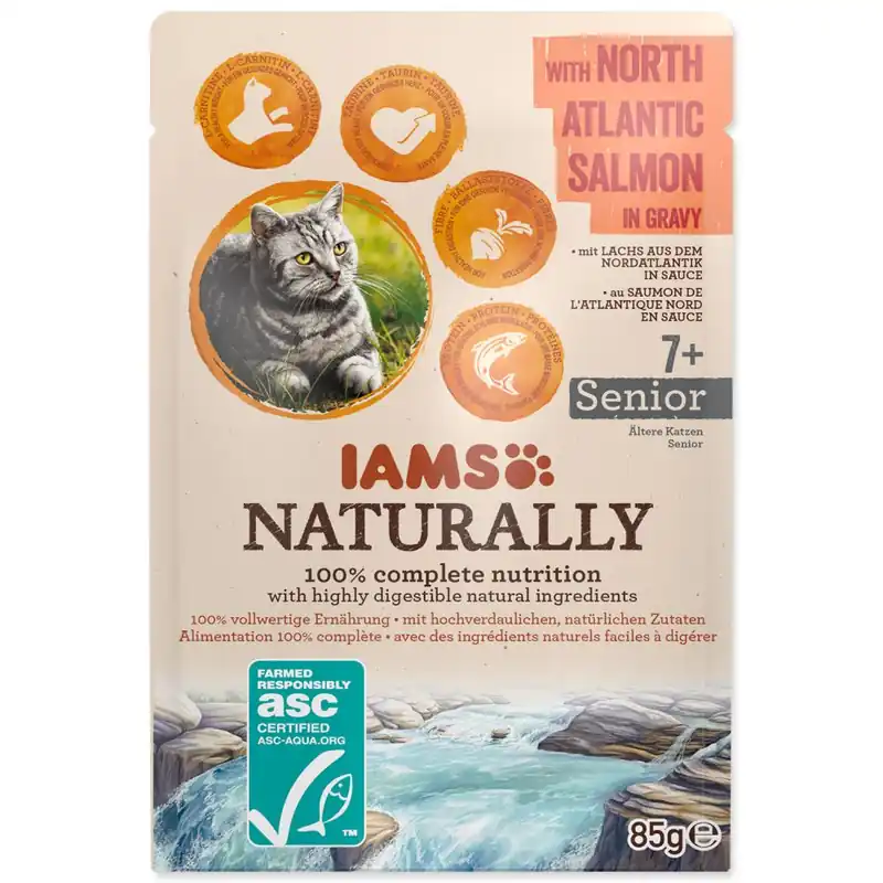 Kapsička IAMS Cat Naturally Senior with North Atlantic Salmon in Gravy 85g Cenová Bomba