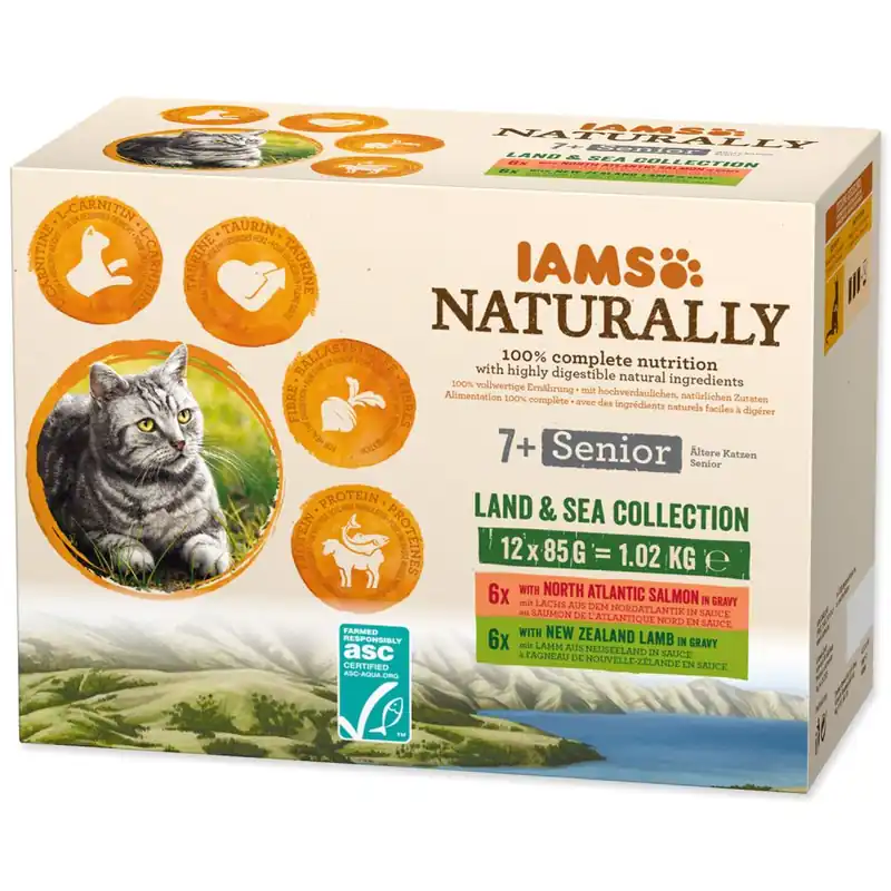 Kapsičky IAMS Cat Naturally Senior výběr z mořských a suchozemských mas v omáčce multipack 1020g Víkendová Akce