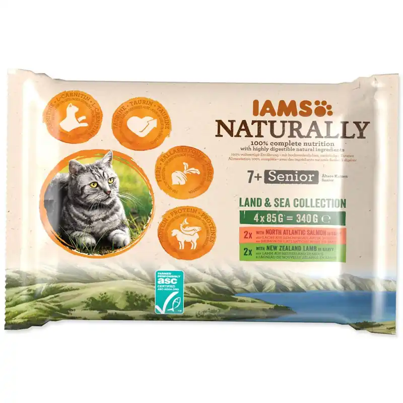 Speciální Cena Kapsičky IAMS Cat Naturally Senior výběr z mořských a suchozemských mas v omáčce multipack 340g