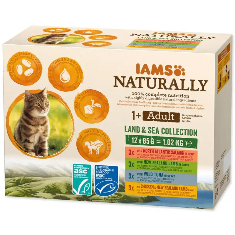 Originální Kapsičky IAMS Cat Naturally výběr z mořských a suchozemských mas v omáčce multipack 1020g