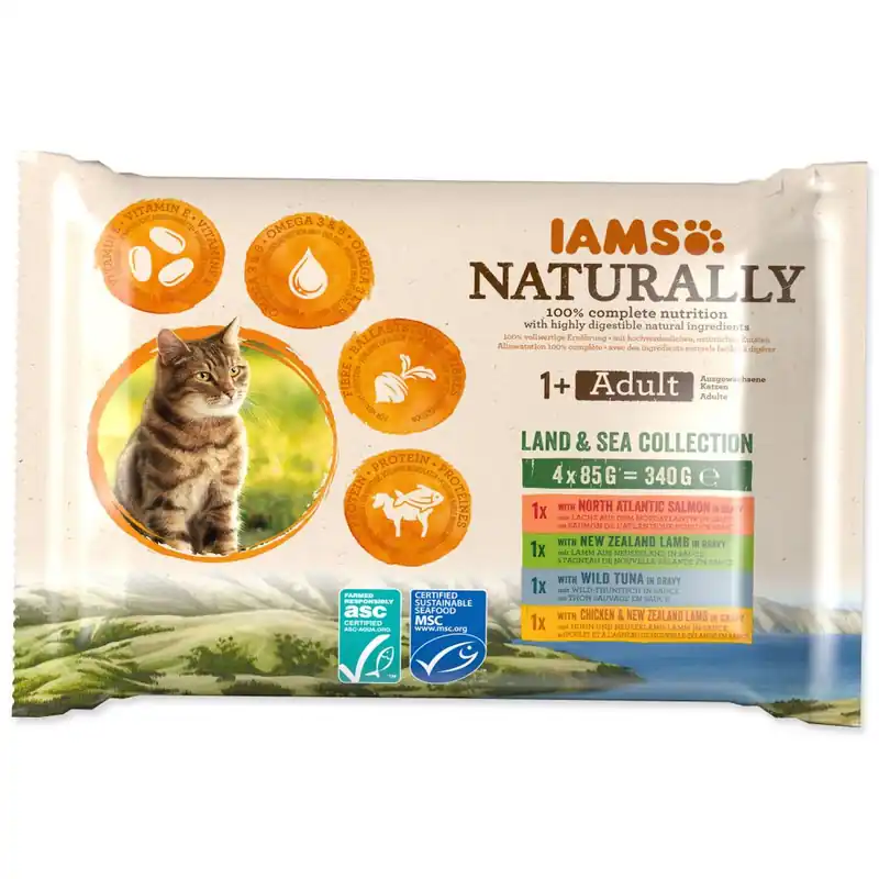 Akční Cena Kapsičky IAMS Cat Naturally výběr z mořských a suchozemských mas v omáčce multipack 340g