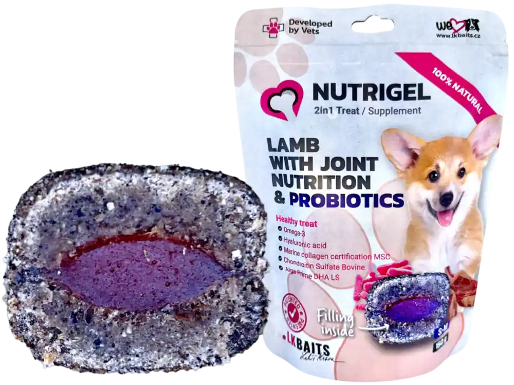 LK Baits Pet Nutrigel Dog, Jehněčí s Kloubní Výživou a Probiotiky,S-M,150g Finální Výprodej