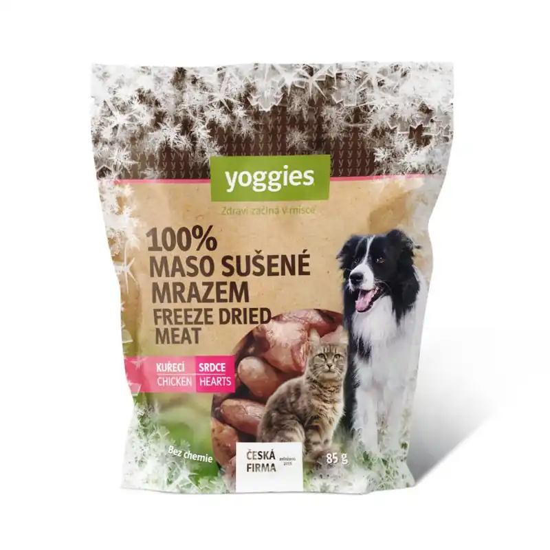 Výprodej Mrazem sušené (lyofilizované) kuřecí srdce Yoggies 85 g Pamlsek pro psy a kočky