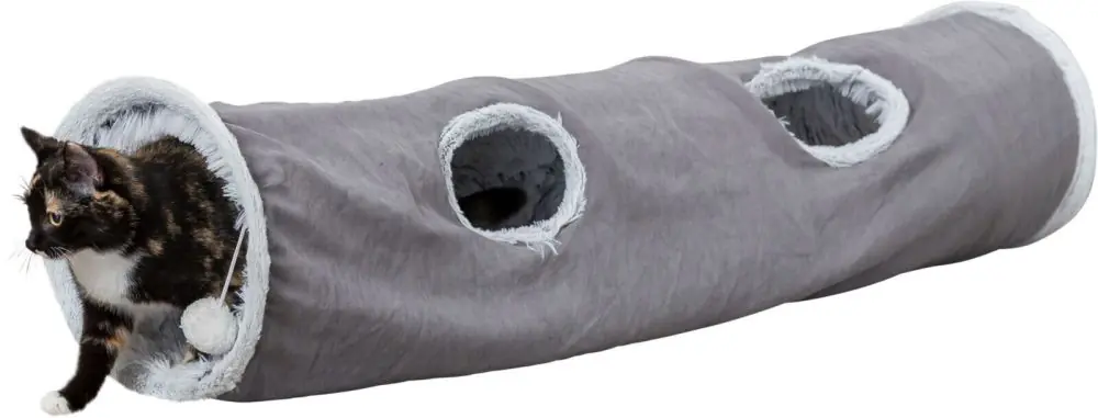 Plyšový tunel pro kočky HARVEY s hračkami, 4 vstupy, 27 x 116 cm, šedá Must-Have