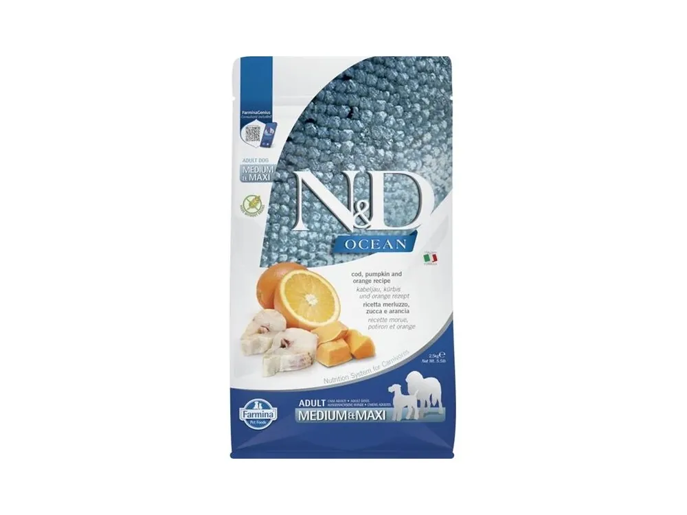 Vrácení Zdarma N&D OCEAN Dog GF Cod, Pumpkin & Orange Adult Medium & Maxi 2,5 kg
