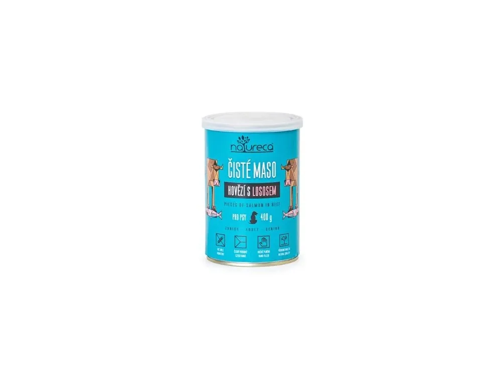 Sleva NATURECA konz. hovězí s lososem pro psy 400g