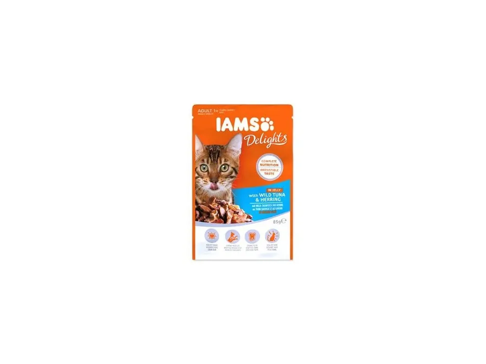 Iams Cat Adult Delights kapsa Tuna&Herring in jelly85g Nová Kolekce