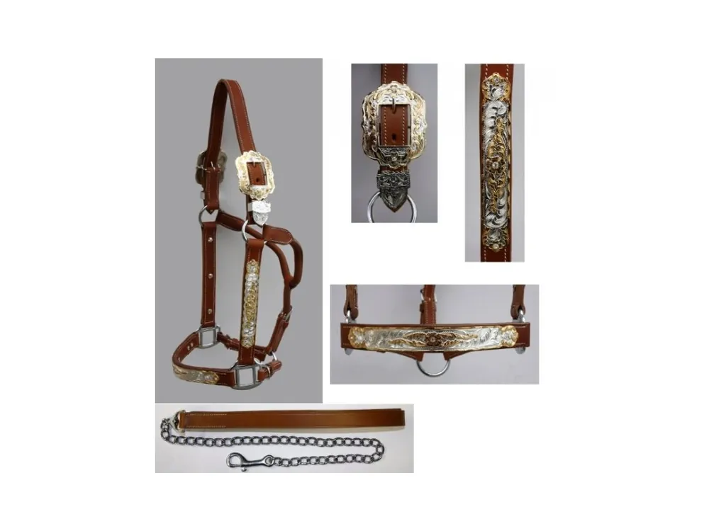 Premium Show halter ohlávka s vodítkem, středně hnědá s silver/gold doplňky Oblíbený