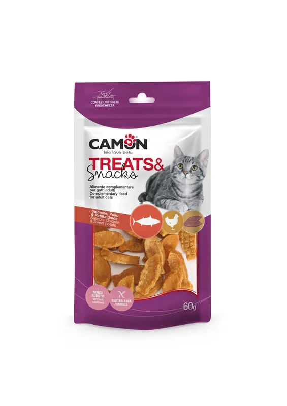 Dokud Zásoby Vydrží CAMON SNACKS CAT LOSOS + KUŘE + BATÁTA 3x0,8 cm 60 g