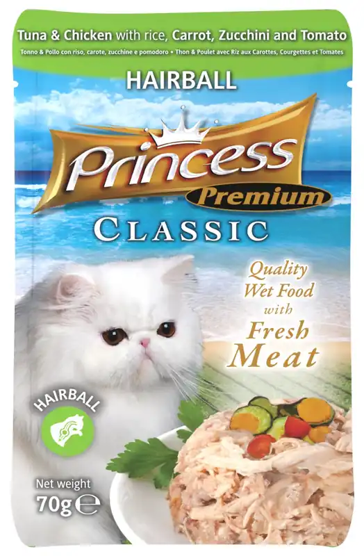 Cenový Hit PRINCESS POUCH 70G TUNA/CHICKEN/CARROT - HAIRBALL
